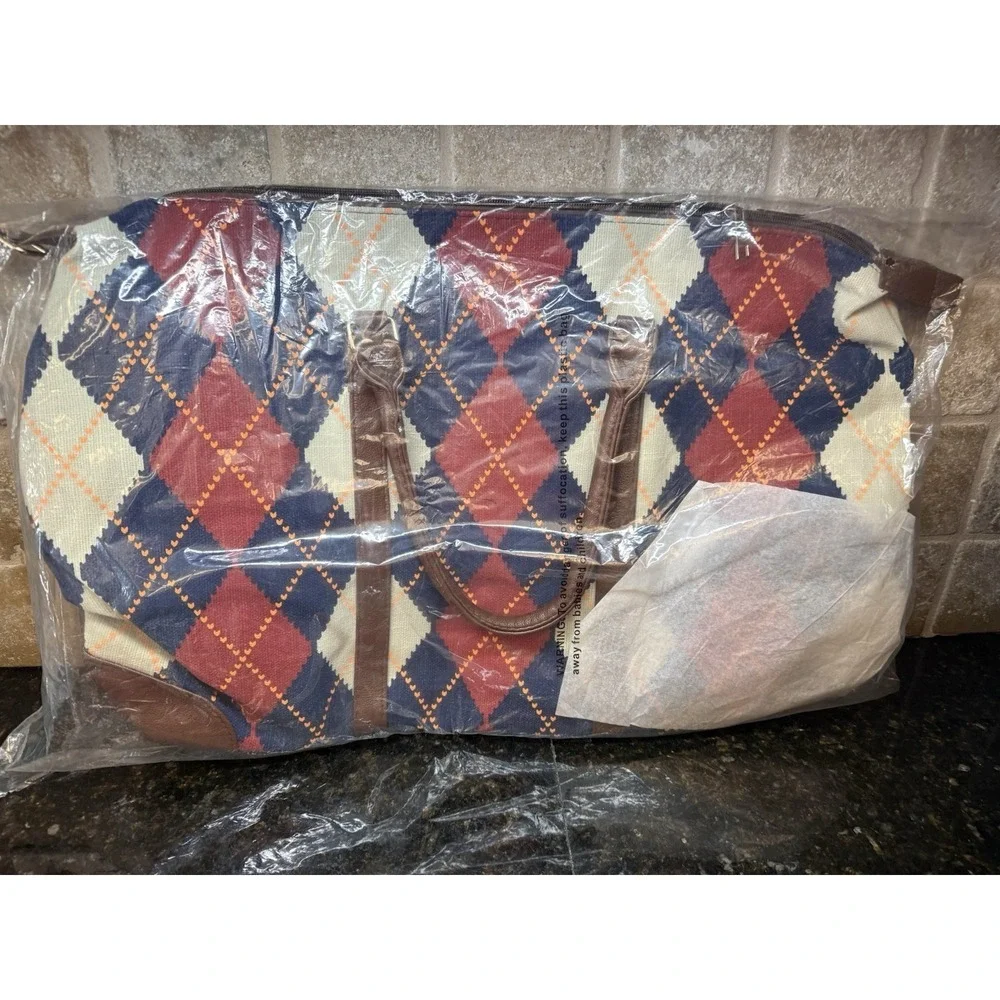 LULU DHARMA Stewart Blue Red Argyle Vegan‎ Leather Duffel Handbag NEW